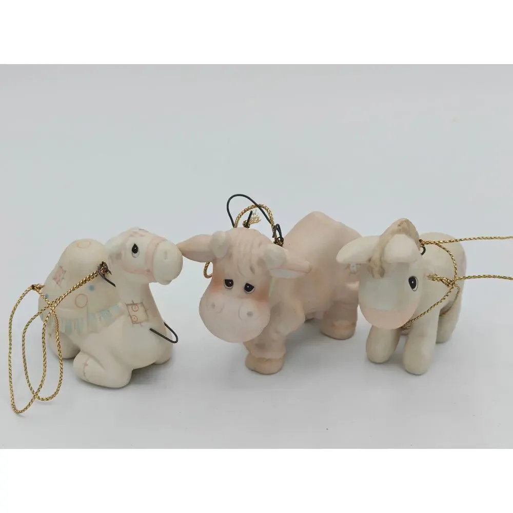 Precious Moments E2386 Trio Of Porcelain Bisque Nativity Animal Ornaments 1982